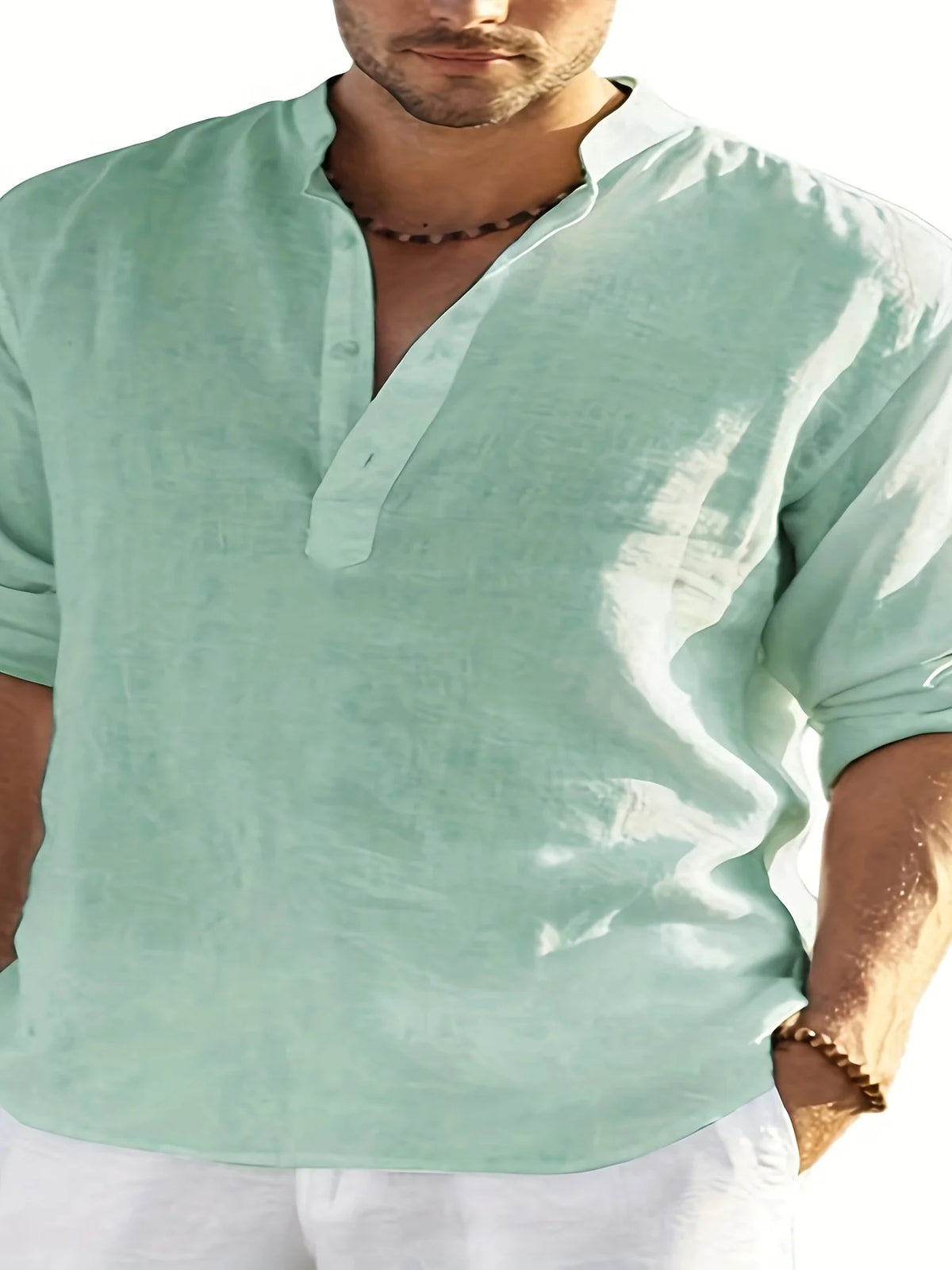 Men's Linen Stand Collar Long Sleeve T-Shirt Loose Fit; Solid Color Long Sleeve Cotton Linen Shirt