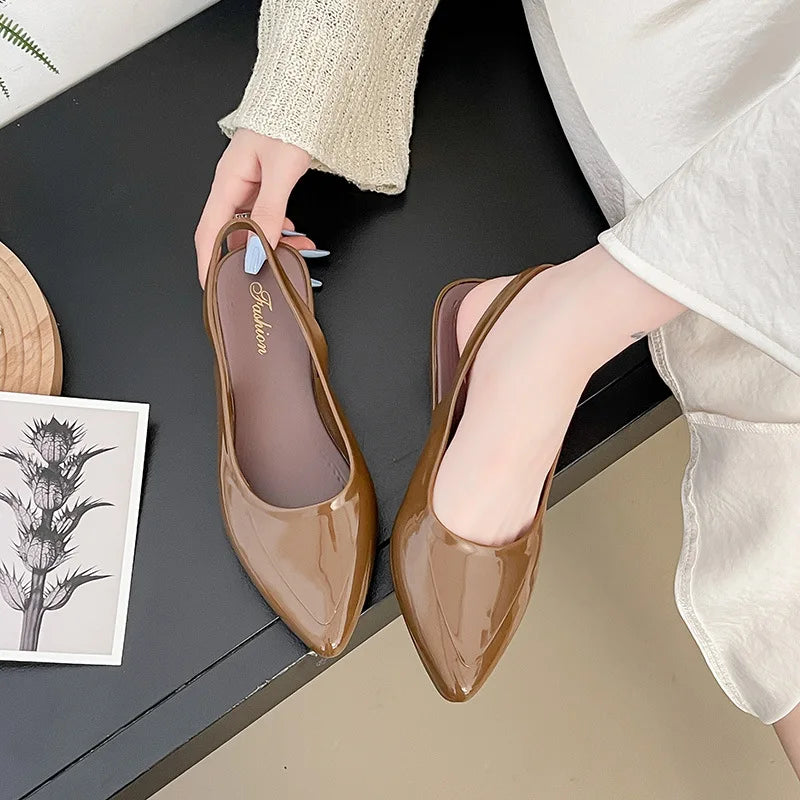 Patent Leather Pointed Toe Slingback Flats With Low Block Heel