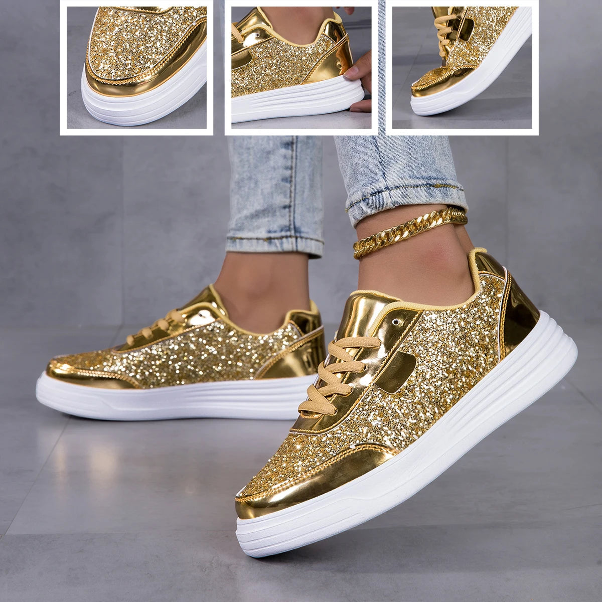 Women Glitter Platform Sneakers Lace Up Metallic Patent Leather Sole