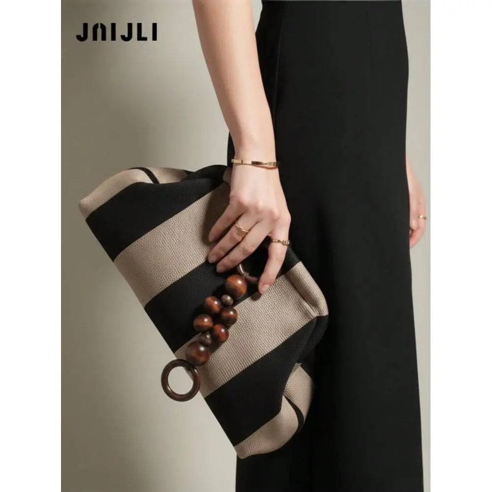 Striped Clutch Purse With Wooden Bead Ring Detail Crossbody