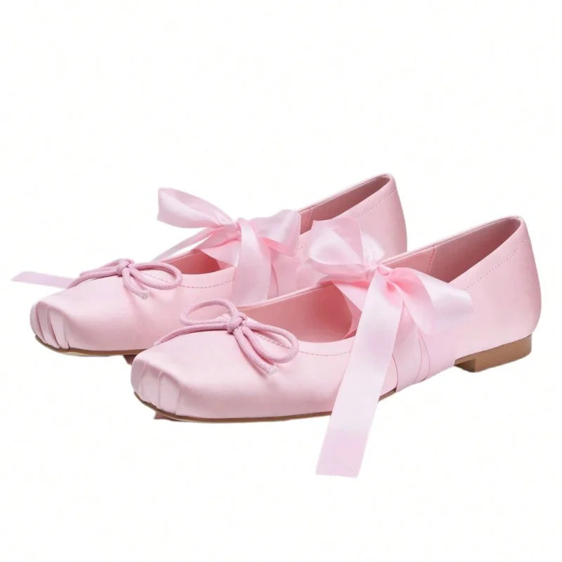 Women Satin Square Toe Ballet Flats With Ankle Ribbon Bow