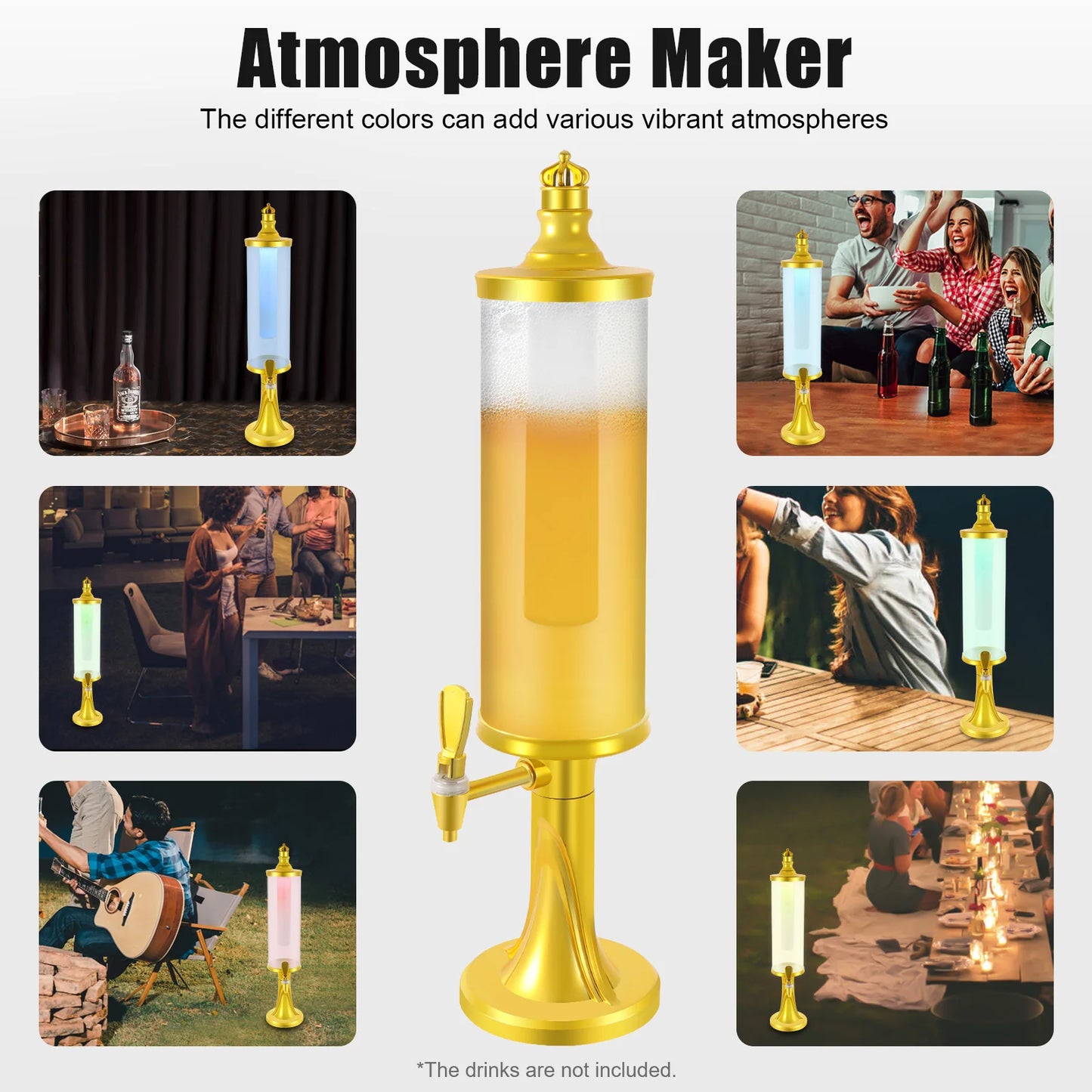3L Gold Beer Tower Beverage Dispenser with LED Color Changing Light Built-in Ice Tube Cool Drink Dispenser Food Grade PET ABS