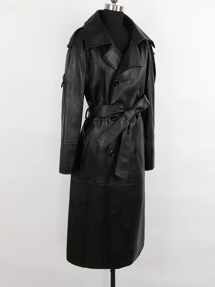Nerazzurri Spring Autumn Long Waterproof Black Pu Leather Trench Coat Men Sashes Double Breasted Elegant Luxury Fashion Clothes