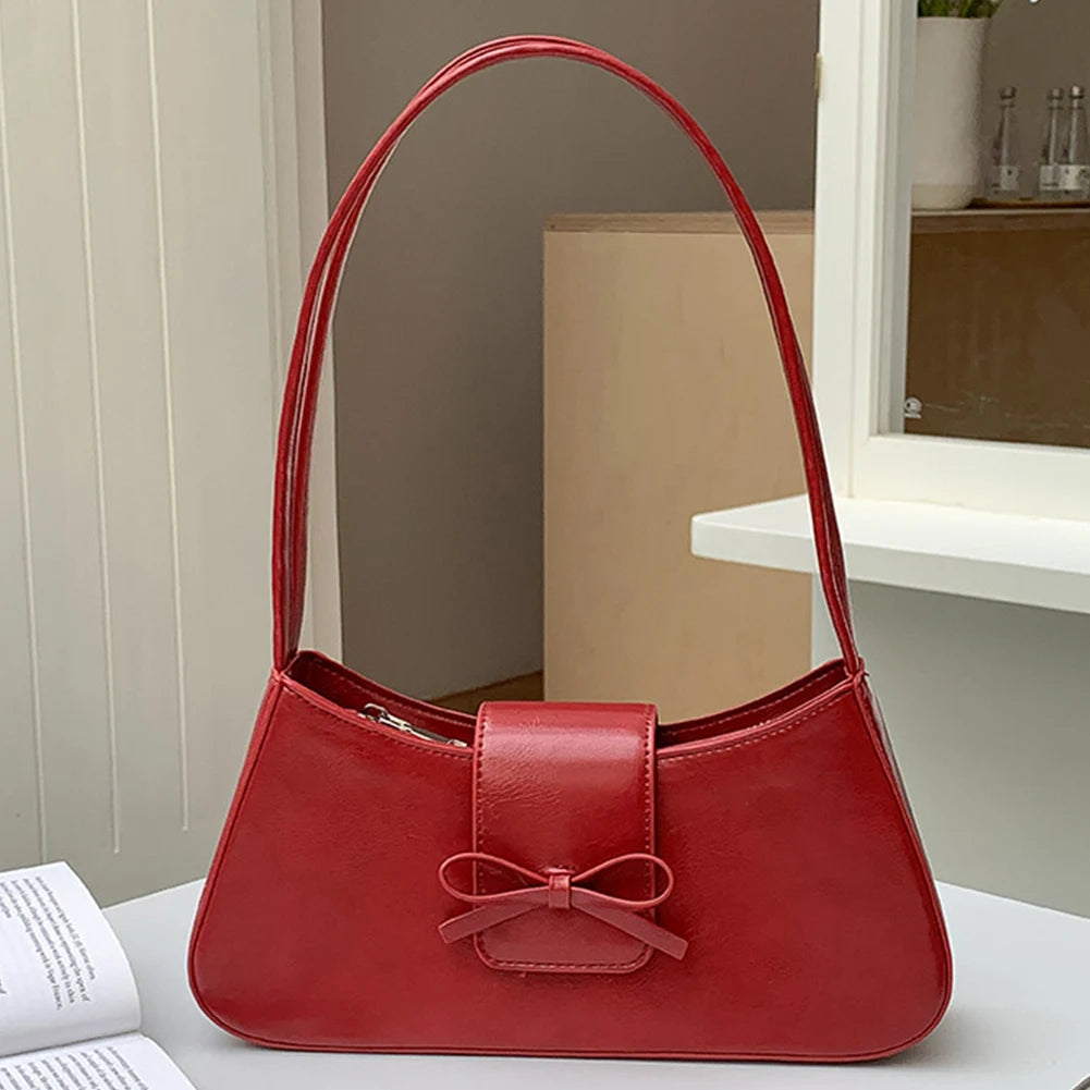 Sweet Bow Shoulder Bag PU Leather Fashion Handbag with Zipper Closure Everyday Purse Trendy Underarm Bag for Women and Girls