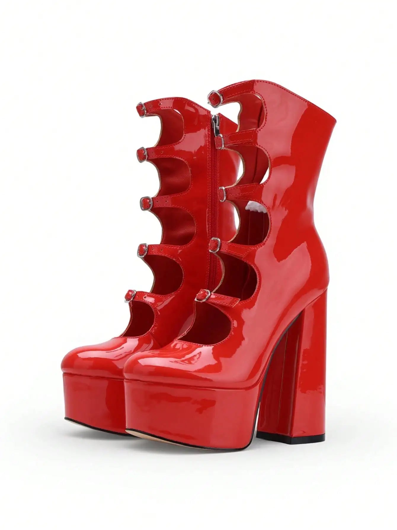 Women's Short Boots Round Toe Cutout Platform Buckle Straps