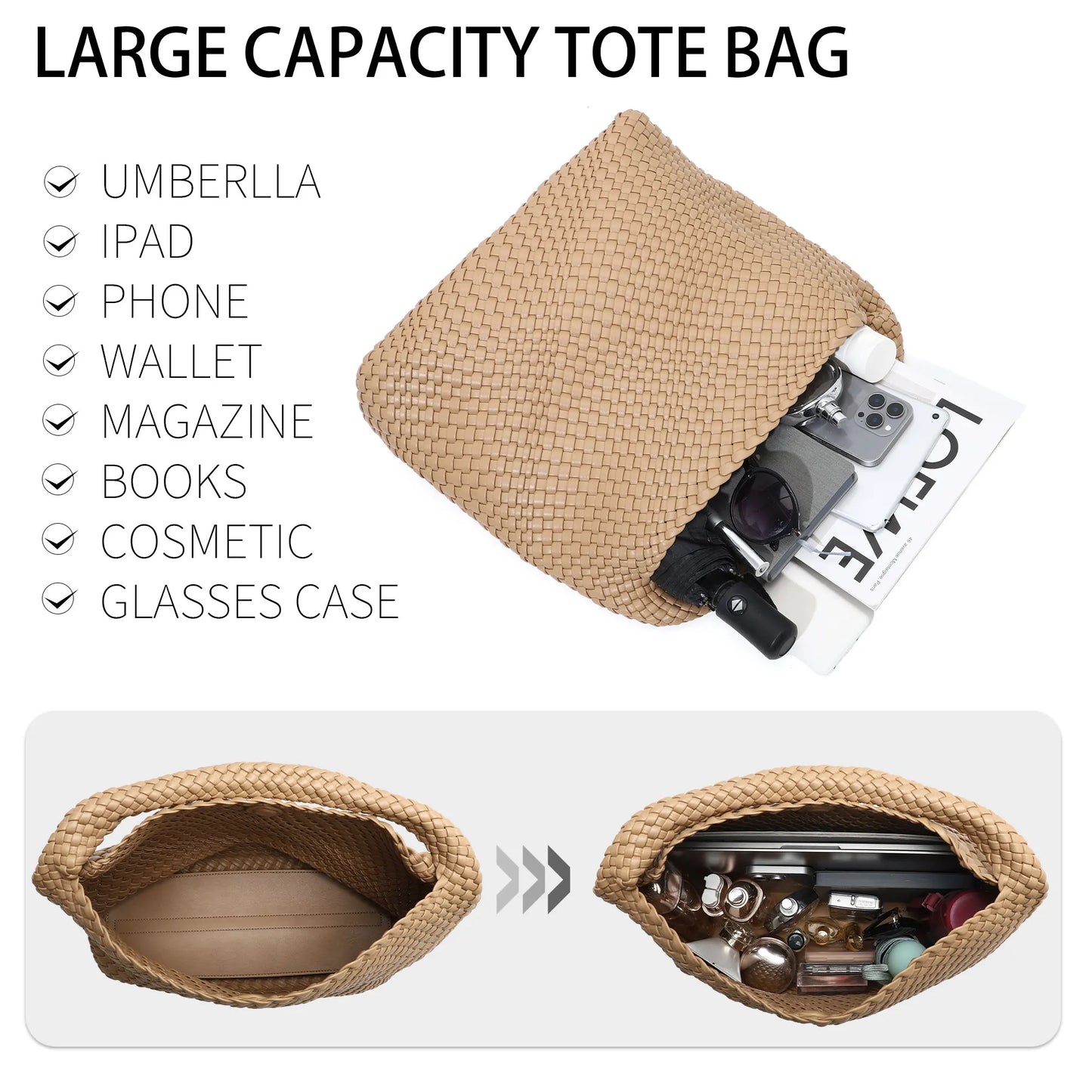 Woven Tote Bag for Women Fashion Shoulder Bag Hobo Handbag Travel Top-handle Underarm Bag with Purse Beach Travel Handmade Work Commuter Day Bags
