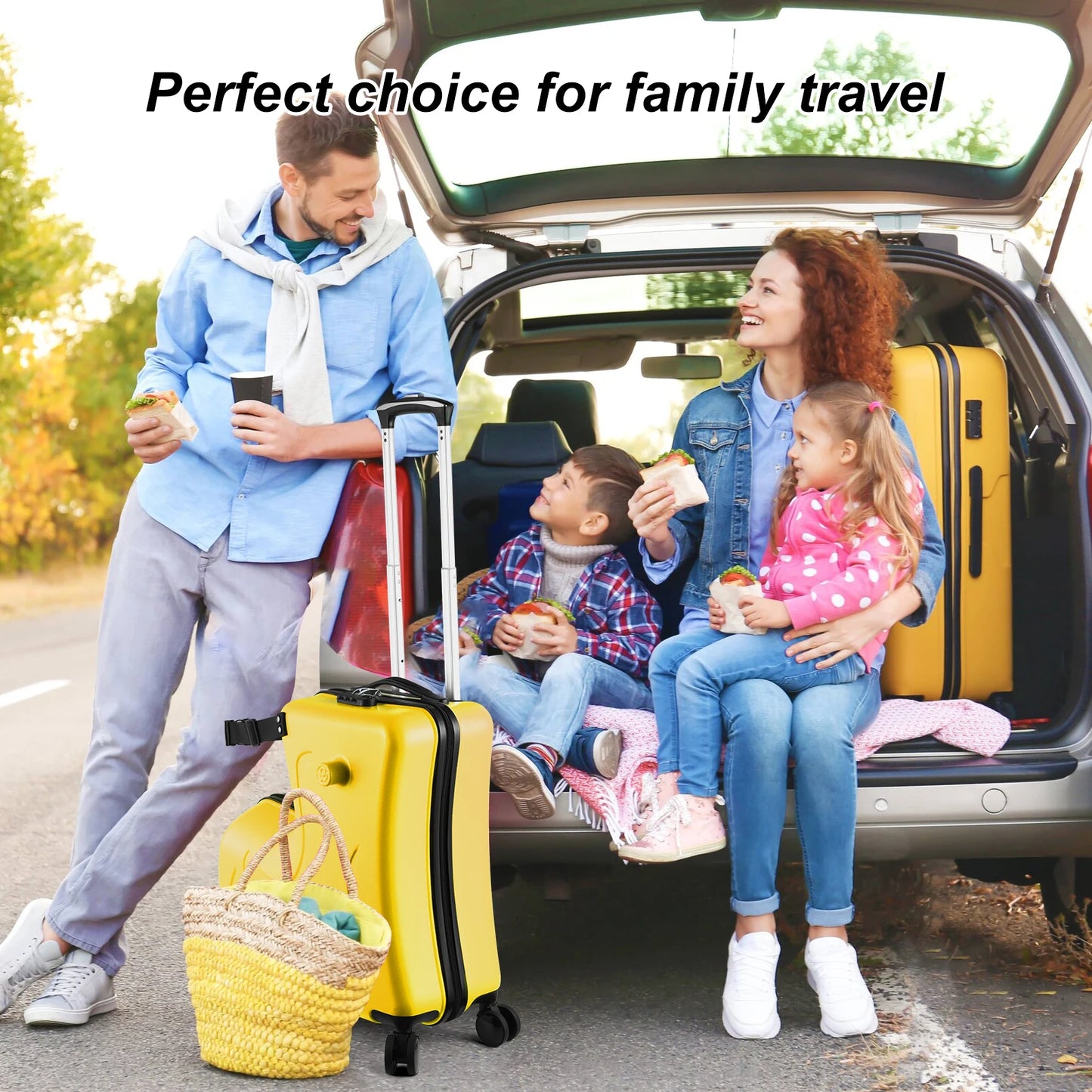 22-24 Inch Blue、Pink、Yellow Kids Ride-On Suitcase with Cartoon Stickers | Fun Travel Luggage with Wheels | Children's Trunk for 3-6 Years Old
