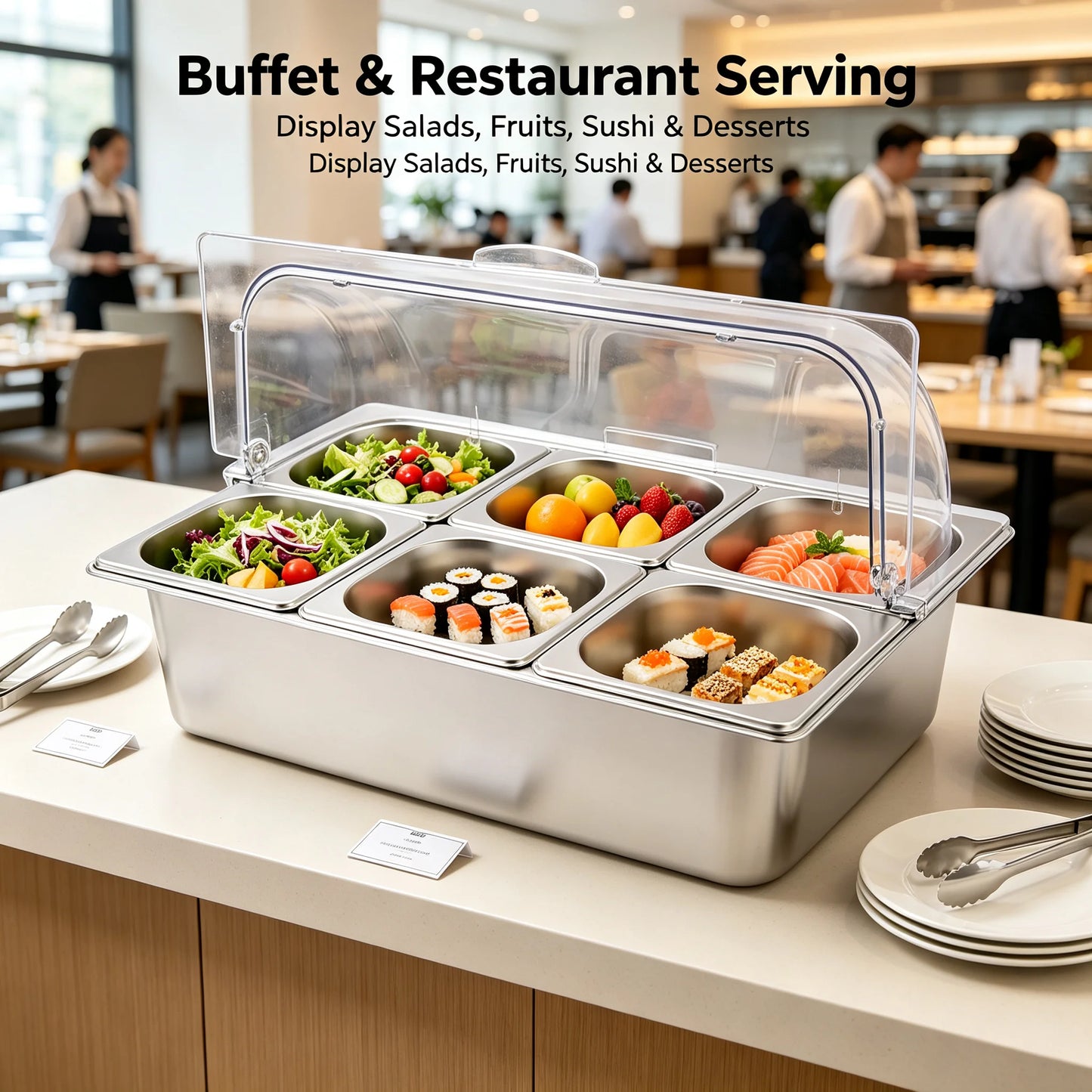 Ice Food Serving Display Tray with 6 Pans, Stainless Steel Condiment Organizer with PC Roll Cover, Cold/Hot Dual Use Buffet Serving Station for Parties Restaurants Catering