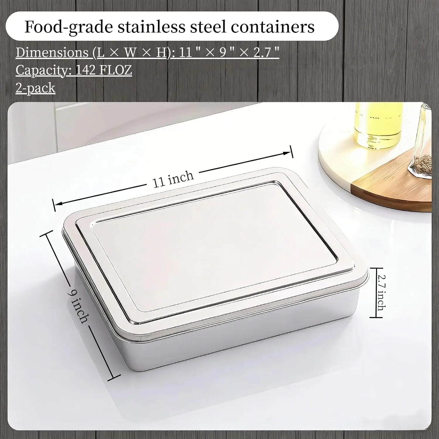 Stainless Steel Food Containers with Steel Lids, Stainless Steel Ice Cream Containers, Refrigerated Prepared Food Storage Boxes, Lidded Containers ,Tiramisu Container(11*9*2.7in/142 Fl Oz 2-pack)