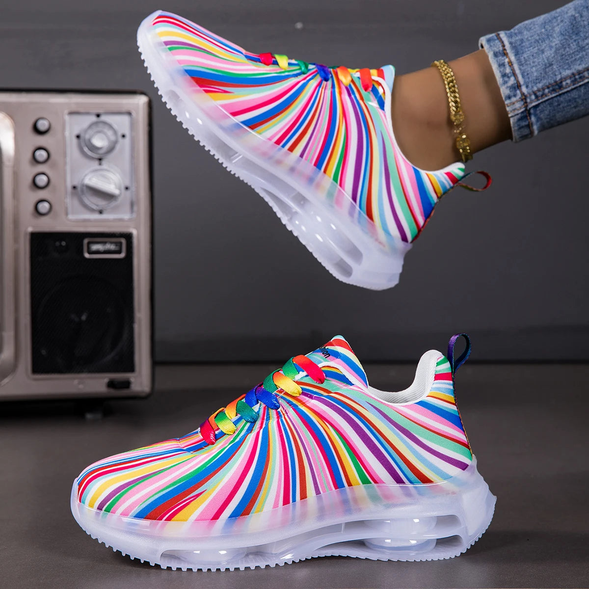 Women Swirl Stripe Air Cushion Sneakers Lace Up Shoes Lightweight