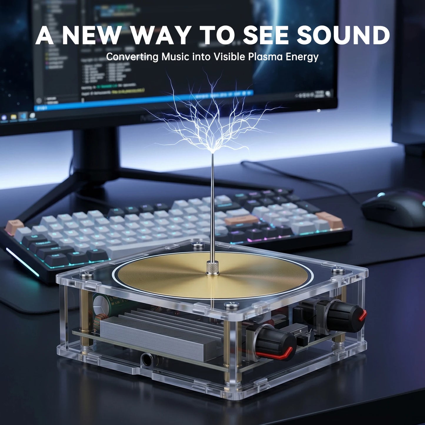 Music Coil Bluetooth And AUX Music Box With Interactive Lightning Show Sound Reactive Plasma Arc Desktop Display