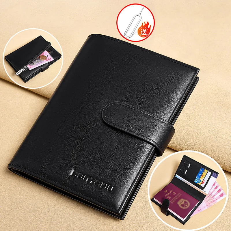 Genuine Top Layer Cowhide Passport Holder for Men Multifunction Ultra-thin Leather Wallet Portable Travel Ticket Card Organizer