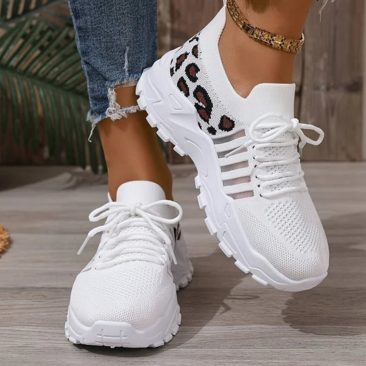 Women Lightweight Lace Up Running Shoes Leopard Print