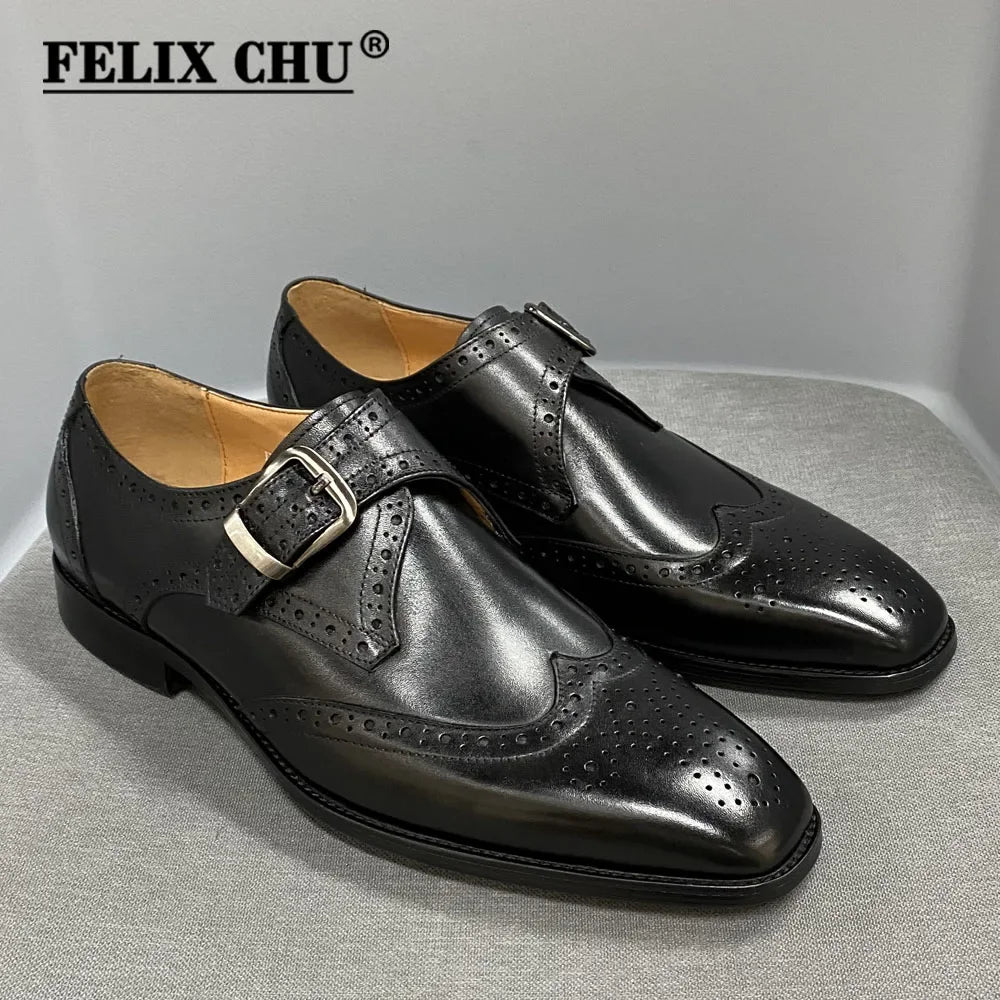 Felix Chu Mens Monk Strap Wingtip Buckle Dress Shoes