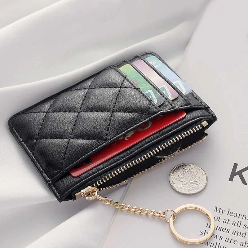 Quilted Minimalist Ring Mini Wallet With Card Slots And ID Holder Faux Leather