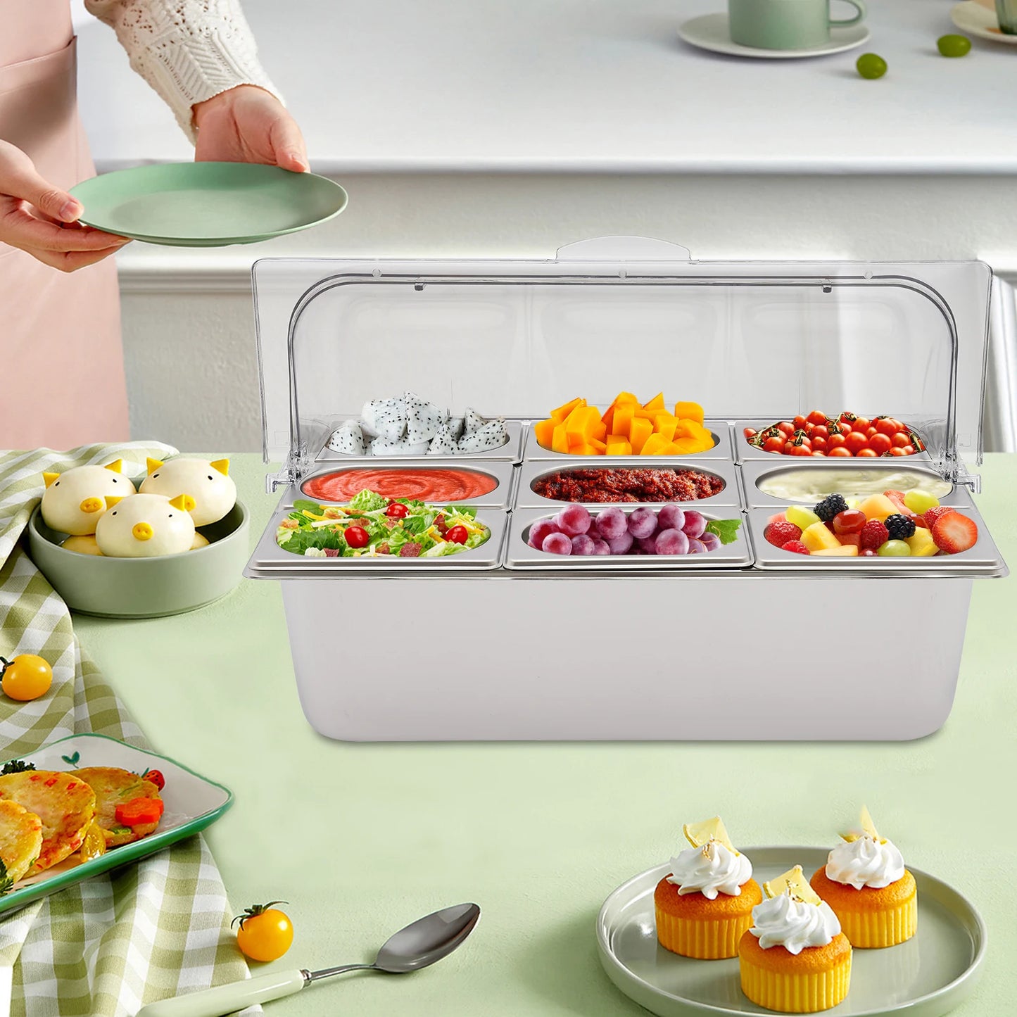 9 Compartment Stainless Steel Serving Tray, Flip Top PC Cover With Snap Lock 201 Stainless Fruit Container Matched 9 Spoons 9 Clamps 3 Ice Water Bags Desktop Buffet Fresh Food Storage Tray