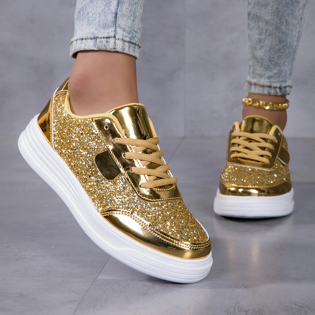 Women Glitter Platform Sneakers Lace Up Metallic Patent Leather Sole