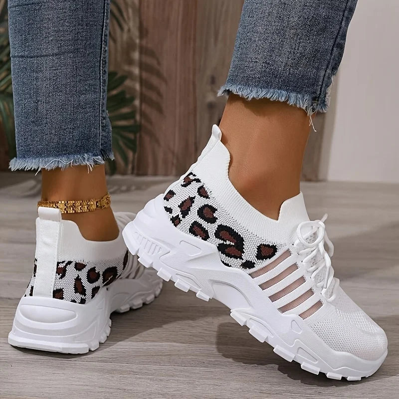 Women Lightweight Lace Up Running Shoes Leopard Print