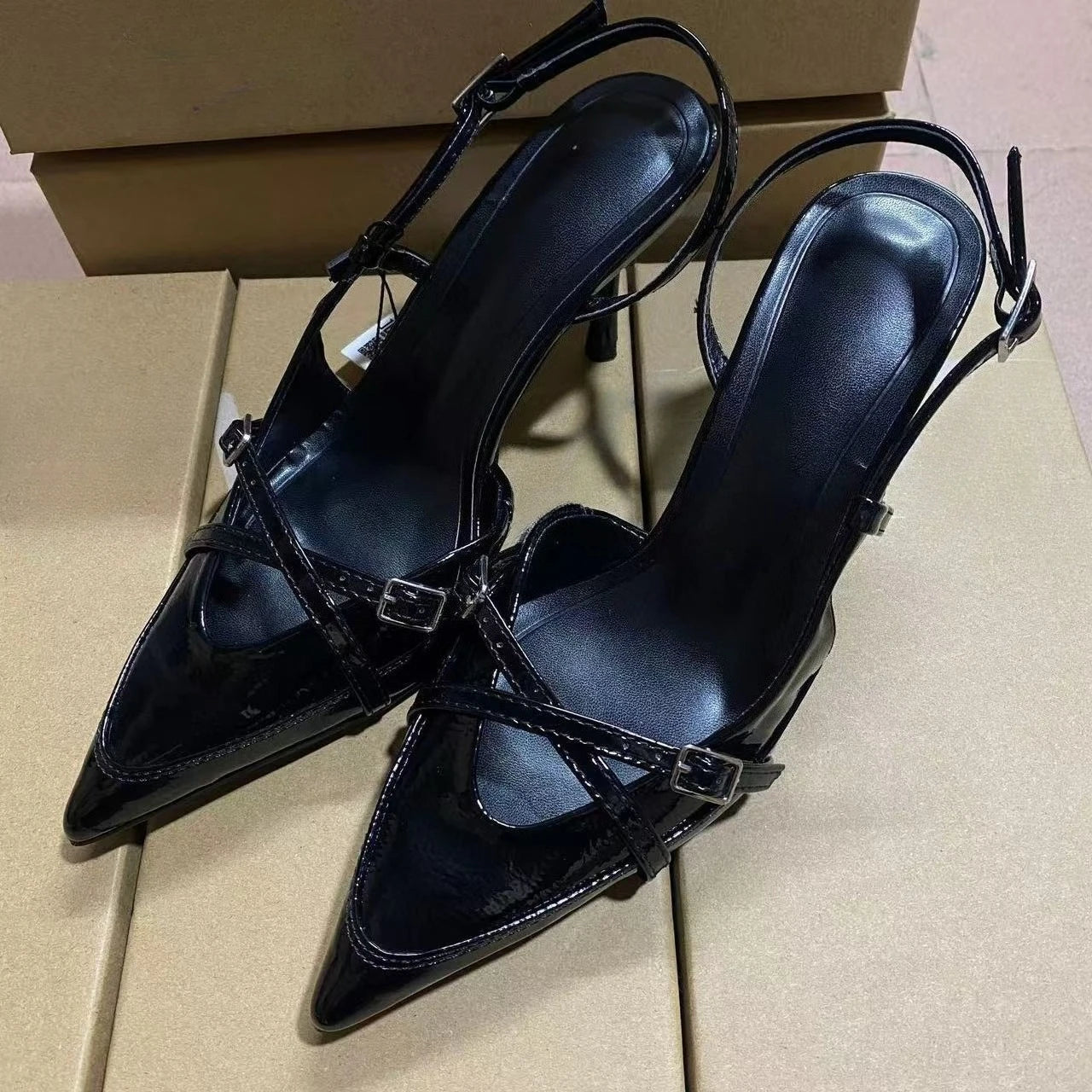 Cross Buckle Strap Pointed Toe British Style Mules For Women