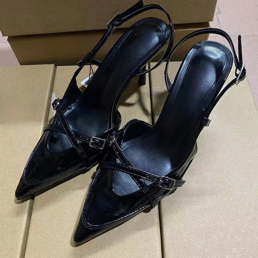 Cross Buckle Strap Pointed Toe British Style Mules For Women
