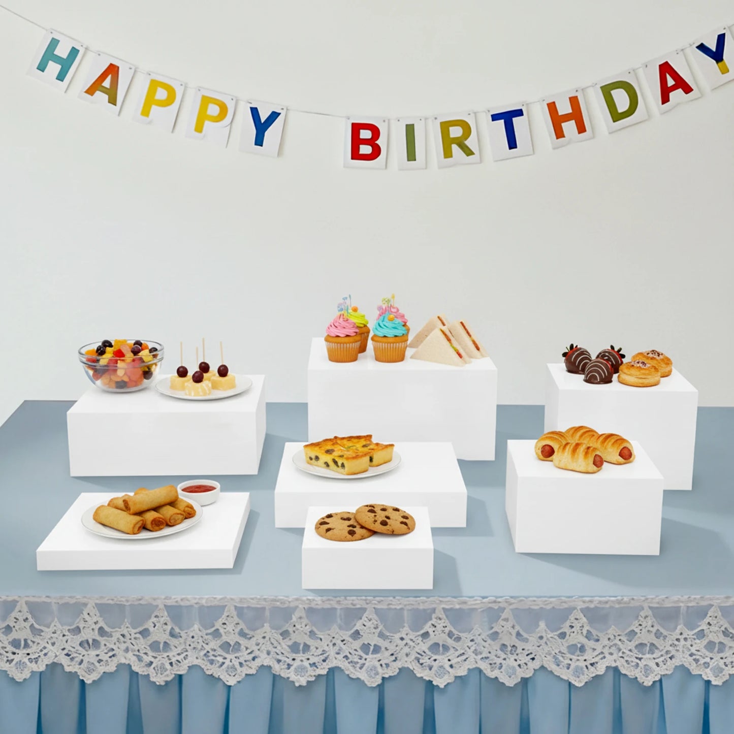 White Large Buffet Risers Set, 7  Pieces Acrylic Display Stand, Catering Dessert Table Riser