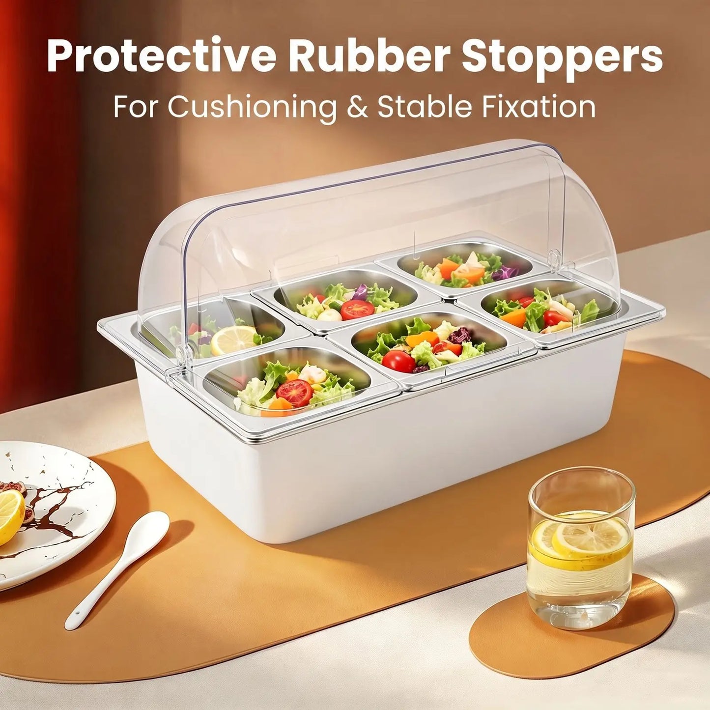 Ice Food Serving Display Tray with 6 Pans, Stainless Steel Condiment Organizer with PC Roll Cover, Cold/Hot Dual Use Buffet Serving Station for Parties Restaurants Catering