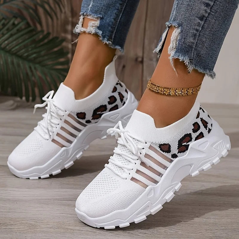Women Lightweight Lace Up Running Shoes Leopard Print