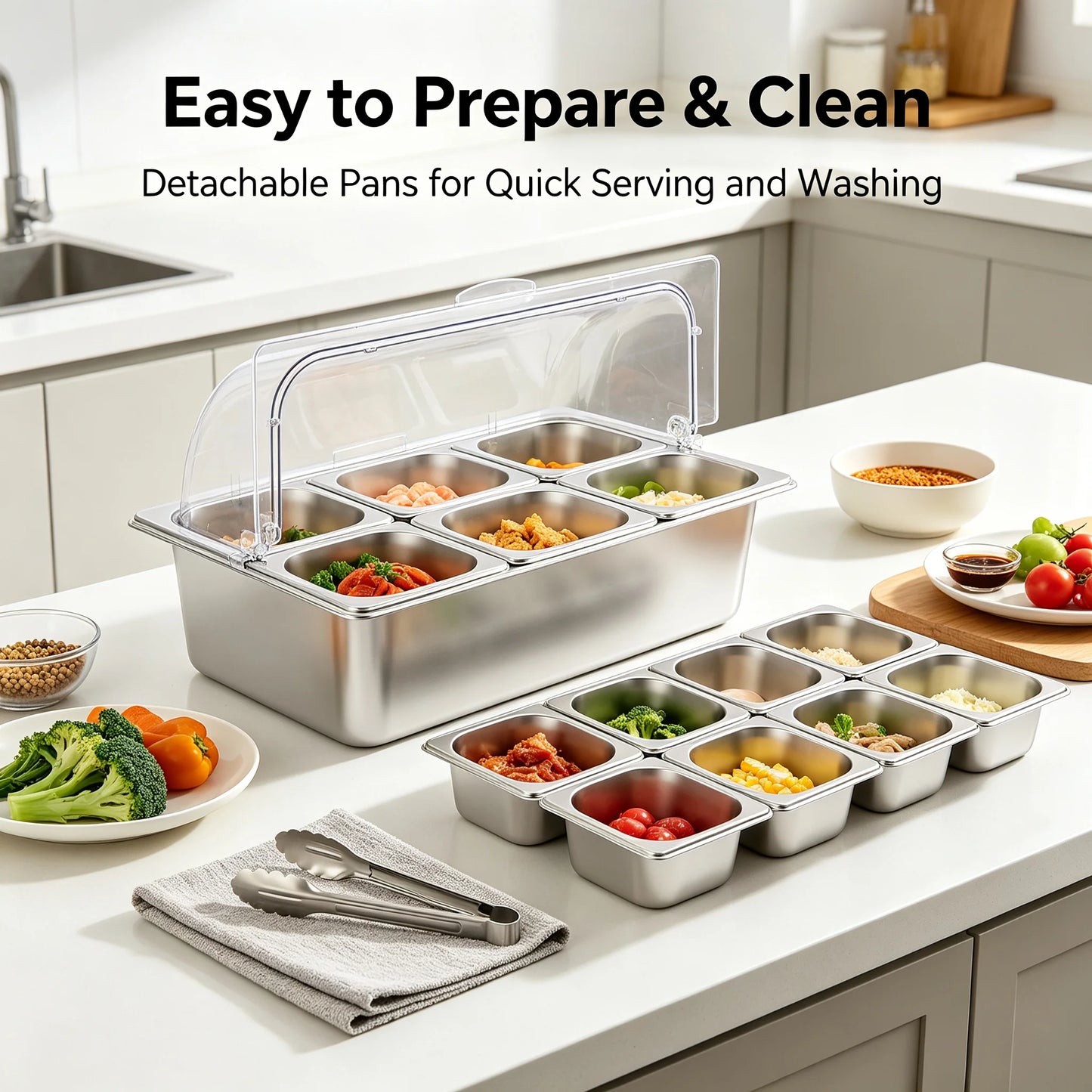 Ice Food Serving Display Tray with 6 Pans, Stainless Steel Condiment Organizer with PC Roll Cover, Cold/Hot Dual Use Buffet Serving Station for Parties Restaurants Catering