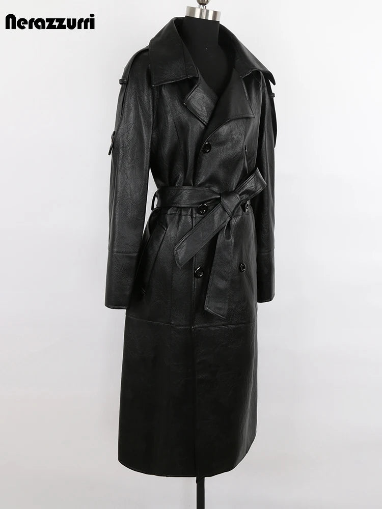Nerazzurri Spring Autumn Long Waterproof Black Pu Leather Trench Coat Men Sashes Double Breasted Elegant Luxury Fashion Clothes