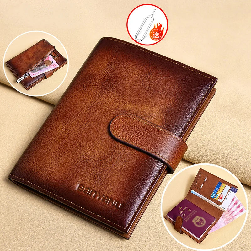 Genuine Top Layer Cowhide Passport Holder for Men Multifunction Ultra-thin Leather Wallet Portable Travel Ticket Card Organizer