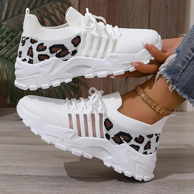 Women Lightweight Lace Up Running Shoes Leopard Print