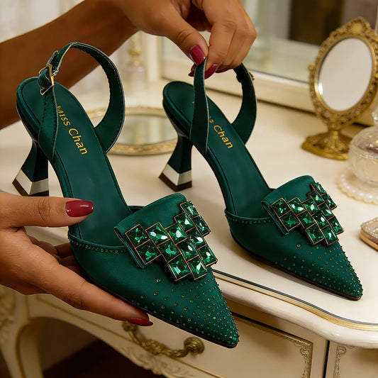 Elegant Slingback Heels With Rhinestones Italian Design Pointed Toe Bridal