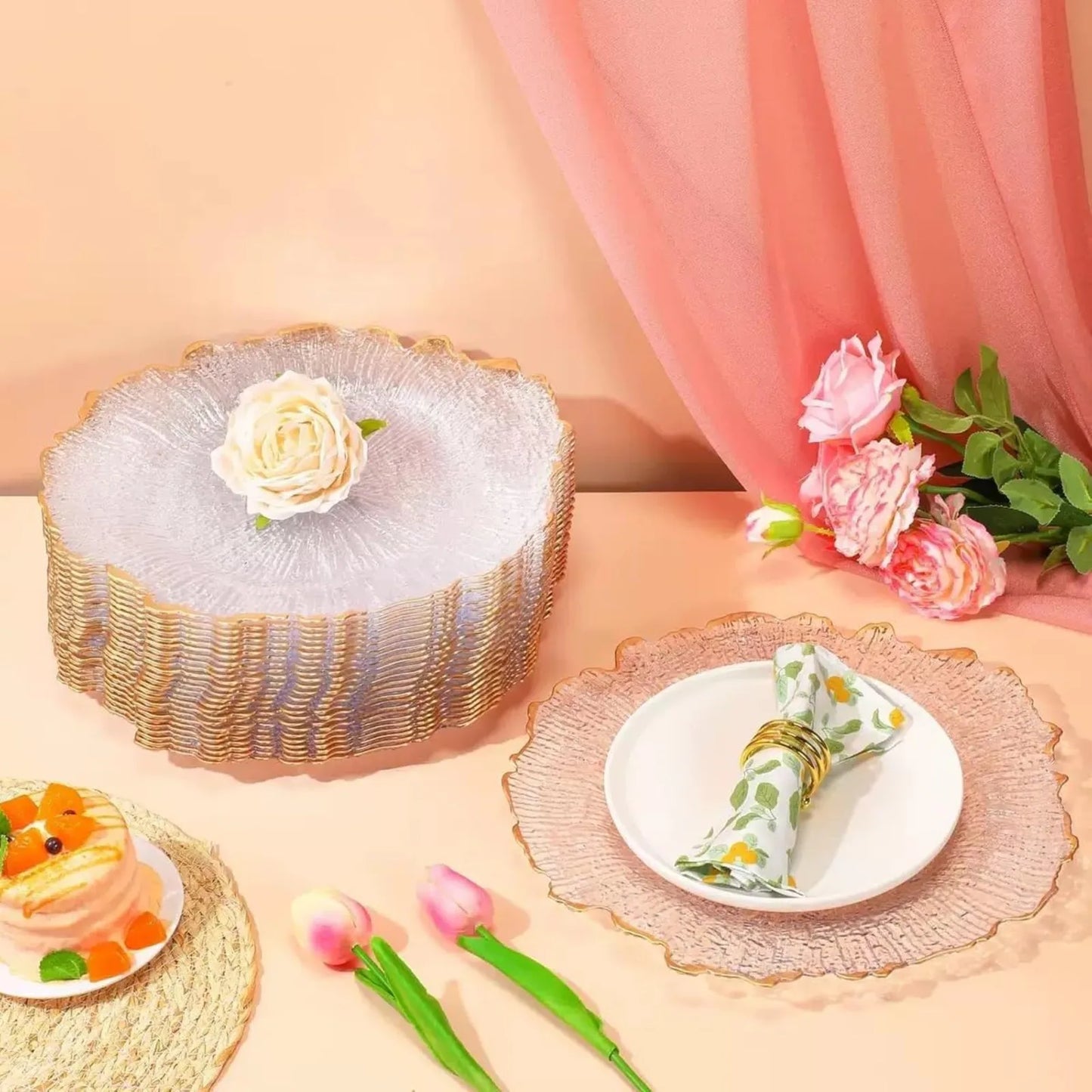 100pcs Transparent Plates for Home and Commercial Parties, 32 Cm, Plastic, W/ Gold-coloured Beaded Edge, for Wedding, Birthday, Bridal Party, Dinner, Table Decoration