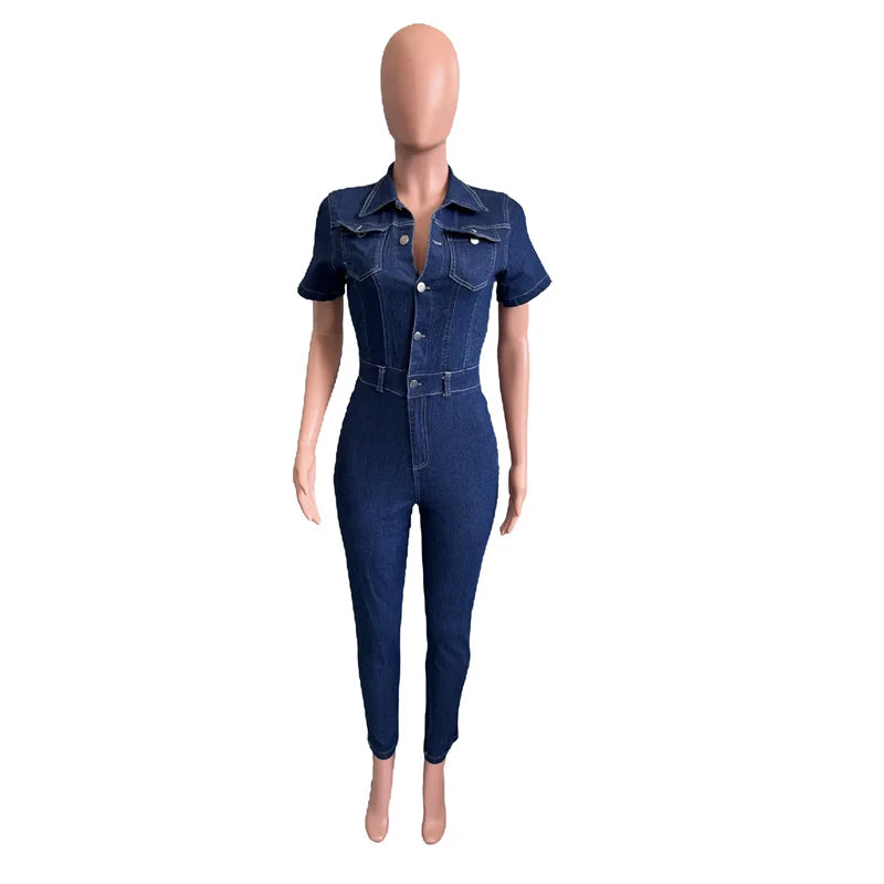 Fashion Commuter Tight Denim Jumpsuit Women Slim Fit Pencil Jeans Rompers Female Lapel Single-breasted Half-open One-piece Pants