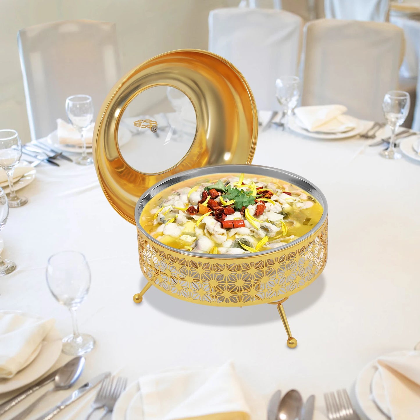 Gold Chafing Dishes for Buffet 8 L/8.38 Quart, Stainless Steel Round Chafer Buffet Servers and Warmers Set Large Food Warmer Chafer, for Weddings, Parties, Banquets, and Restaurants (8L/8.38QT)