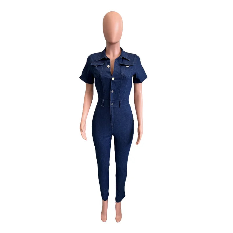 Fashion Commuter Tight Denim Jumpsuit Women Slim Fit Pencil Jeans Rompers Female Lapel Single-breasted Half-open One-piece Pants