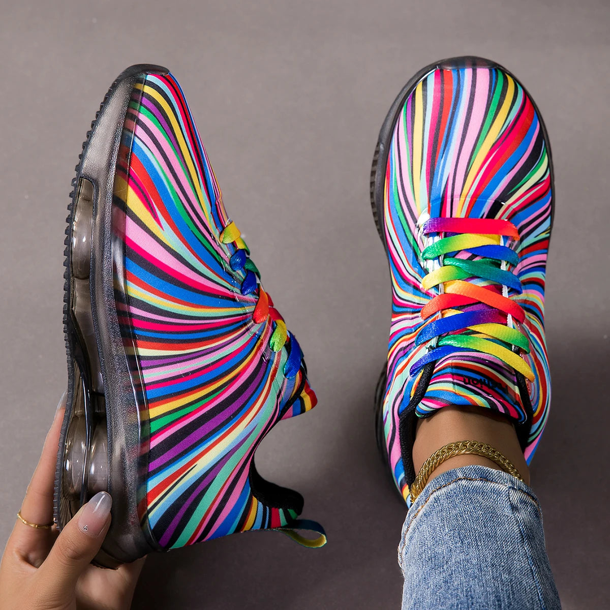 Women Swirl Stripe Air Cushion Sneakers Lace Up Shoes Lightweight