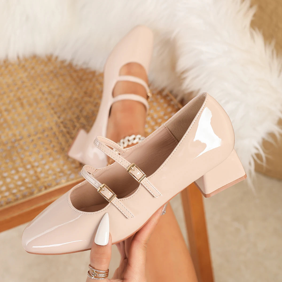 Patent Leather Mary Jane Pumps Women High Heel Dress Shoes