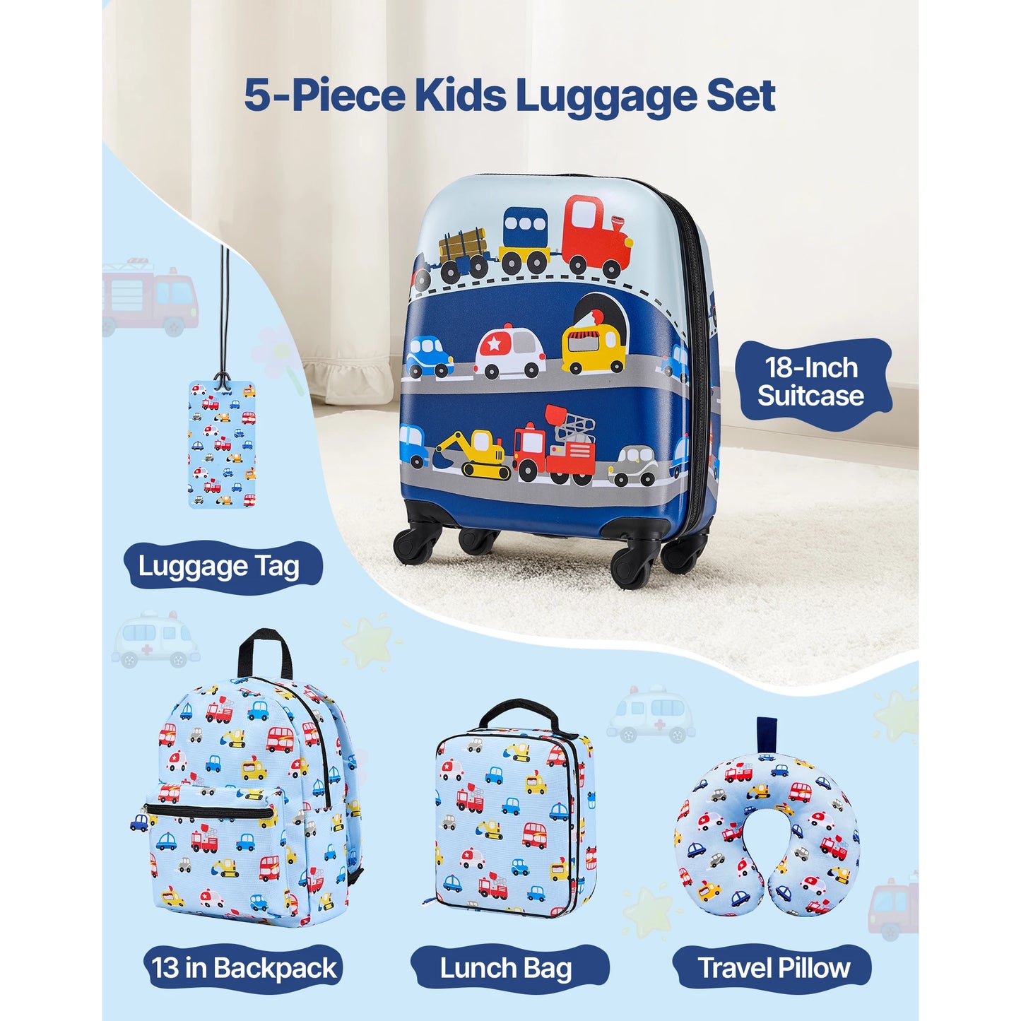 SucceBuy Kids Luggage Set 5 Piece 18 Inch with Backpack & U-shape Pillow Holiday Birthday Gift for Girl Boy Airline Approved