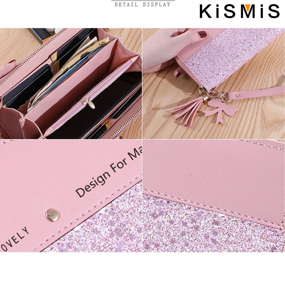 Women Wallet Korean Style Purse Patchwork Clutch Tassel Rivet Details Long Zipper Wallet Card Holder Wristlet Handbag Fashion Ladies Leather Large Capacity Multi Function Phone Pocket For Shopping Daily Use Teen Girls Elegant
