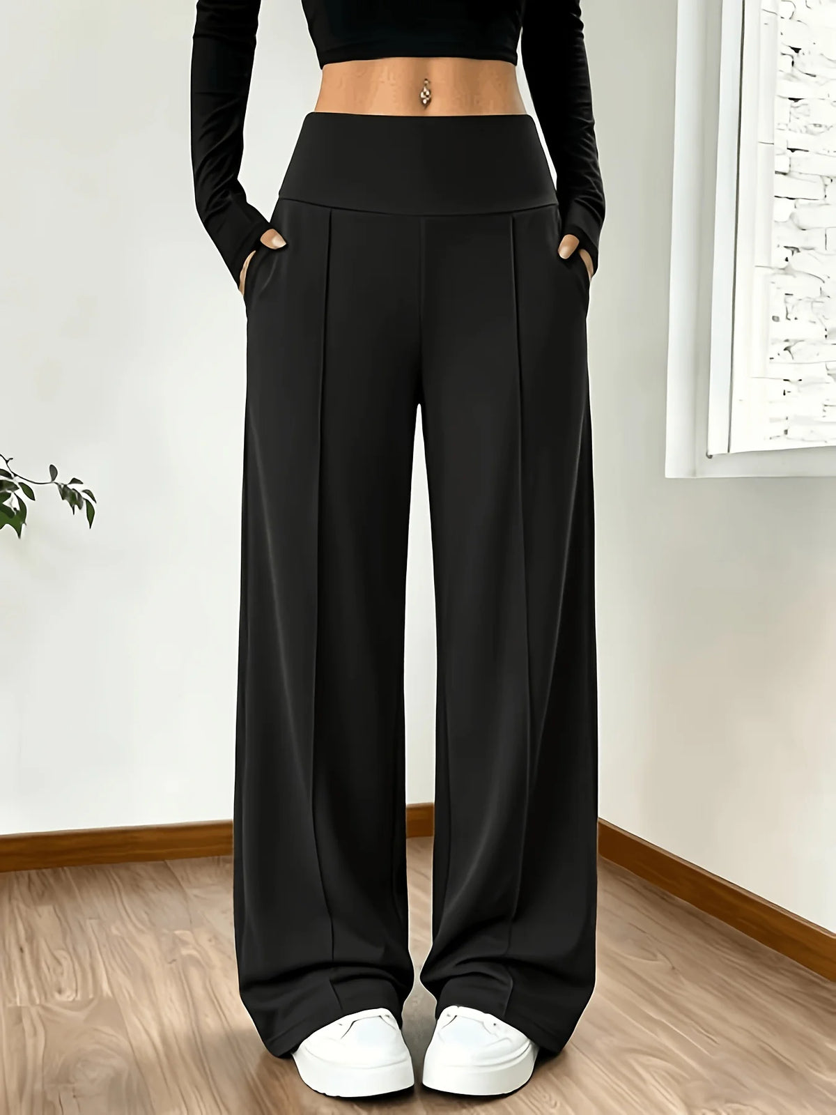 2pcs Women's Casual High-Stretch Straight-Leg High-Waist Trousers, Autumn Women's Fashion, Elegant Tie-Waist Wide-Leg Pants, Summer, Machine Washable, for Casual and Vacation Wear