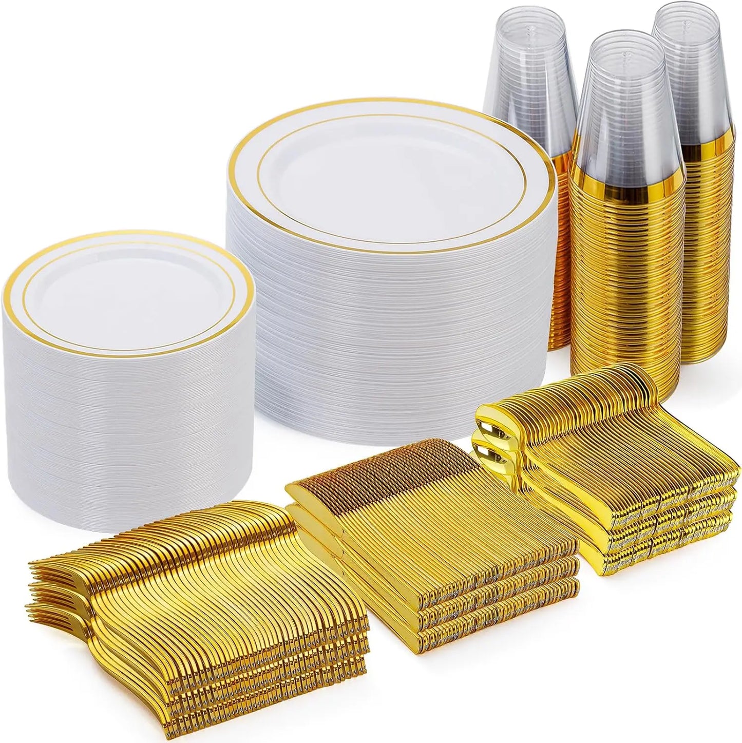 700 Piece Gold Dinnerware Set for 100 Guests, Disposable for Party, Include: 100 Gold Rim Dinner Plates, 100 Dessert Pl