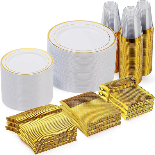 700 Piece Gold Dinnerware Set for 100 Guests, Disposable for Party, Include: 100 Gold Rim Dinner Plates, 100 Dessert Pl