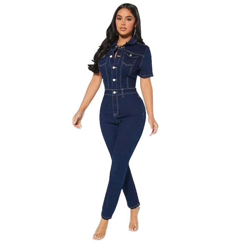 Fashion Commuter Tight Denim Jumpsuit Women Slim Fit Pencil Jeans Rompers Female Lapel Single-breasted Half-open One-piece Pants
