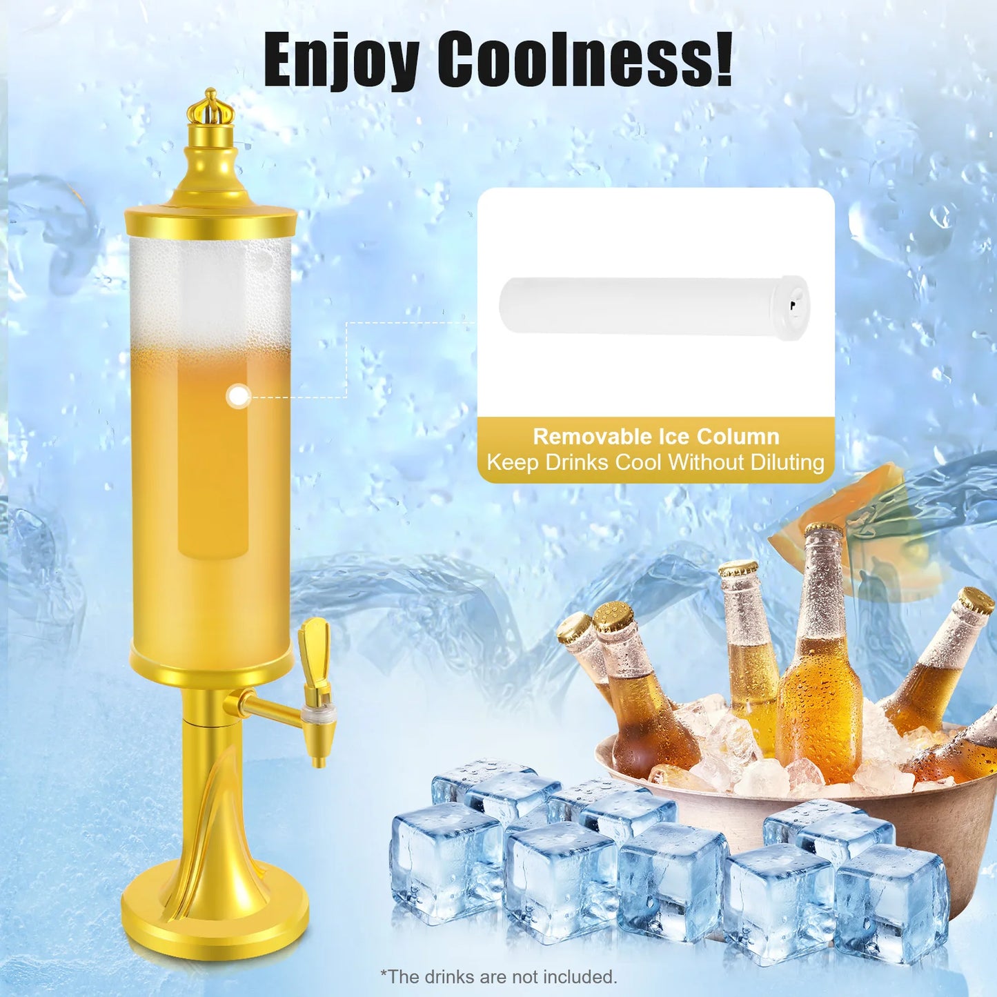 3L Gold Beer Tower Beverage Dispenser with LED Color Changing Light Built-in Ice Tube Cool Drink Dispenser Food Grade PET ABS