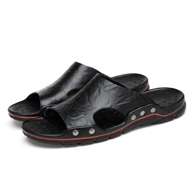 Big Running Mens Summer Slippers Leather Breathable Beach Sandals
