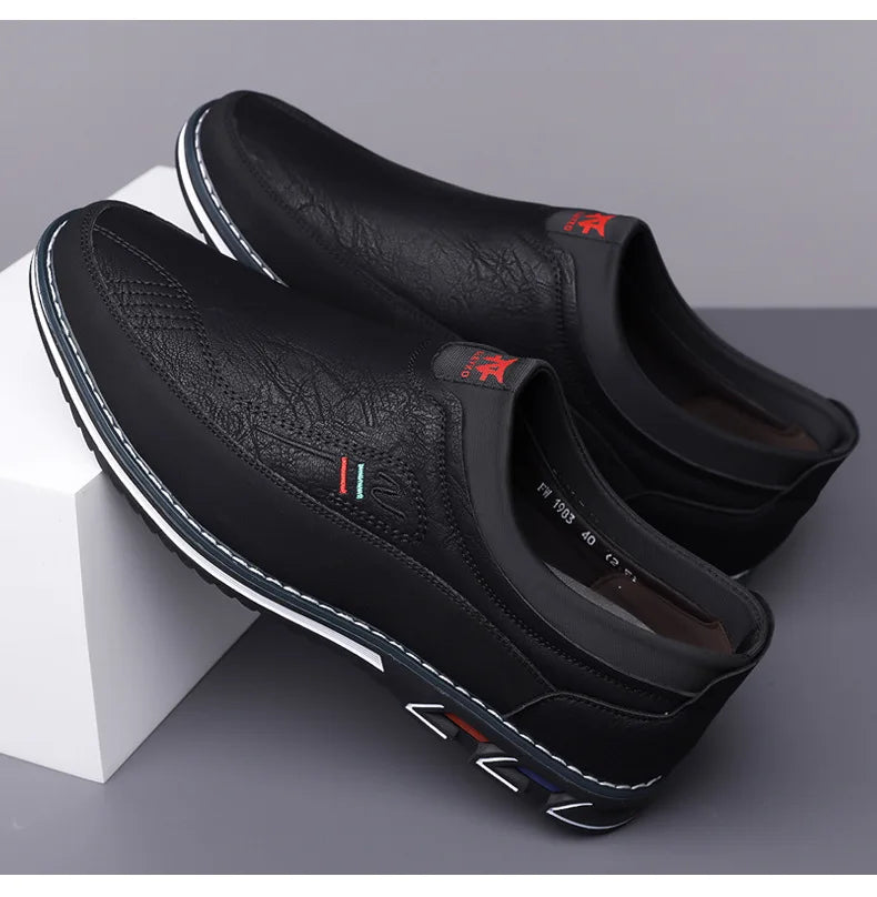 WOSHI Leather Slip On Men Shoes Business Casual Loafers
