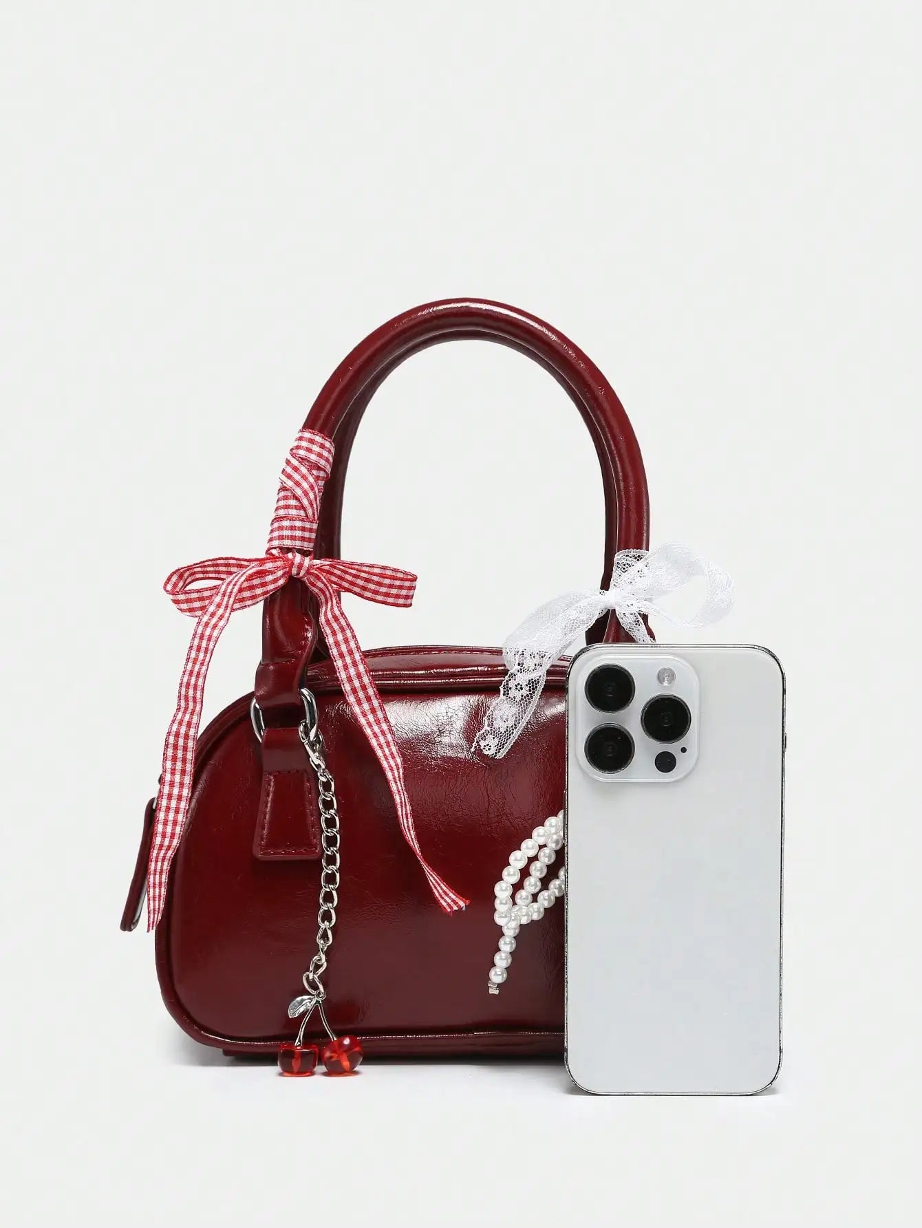 Womens Ballet Style Cherry Pearl Bow Mini Handbag Purse Kawaii