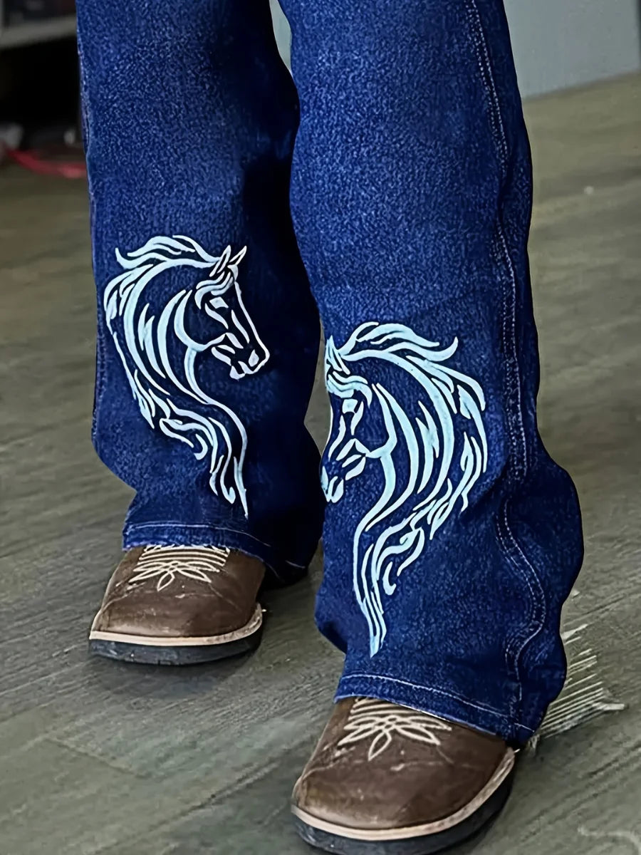 【HME】Jeans | Ranch‑Inspired Western Denim Pants, Ladies Slim Bootcut Denim Featuring Vivid Rose And Horse Head Embroidery, Comfort Stretch Dark‑Blue Denim Pants For Daily And Riding Looks
