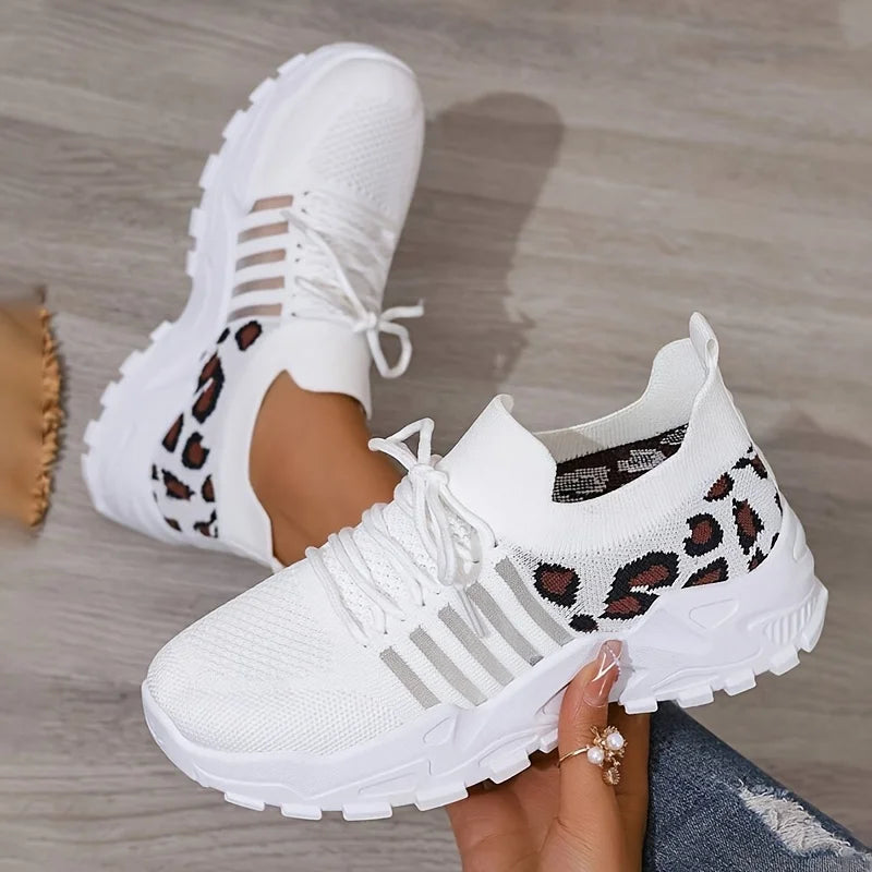 Women Lightweight Lace Up Running Shoes Leopard Print